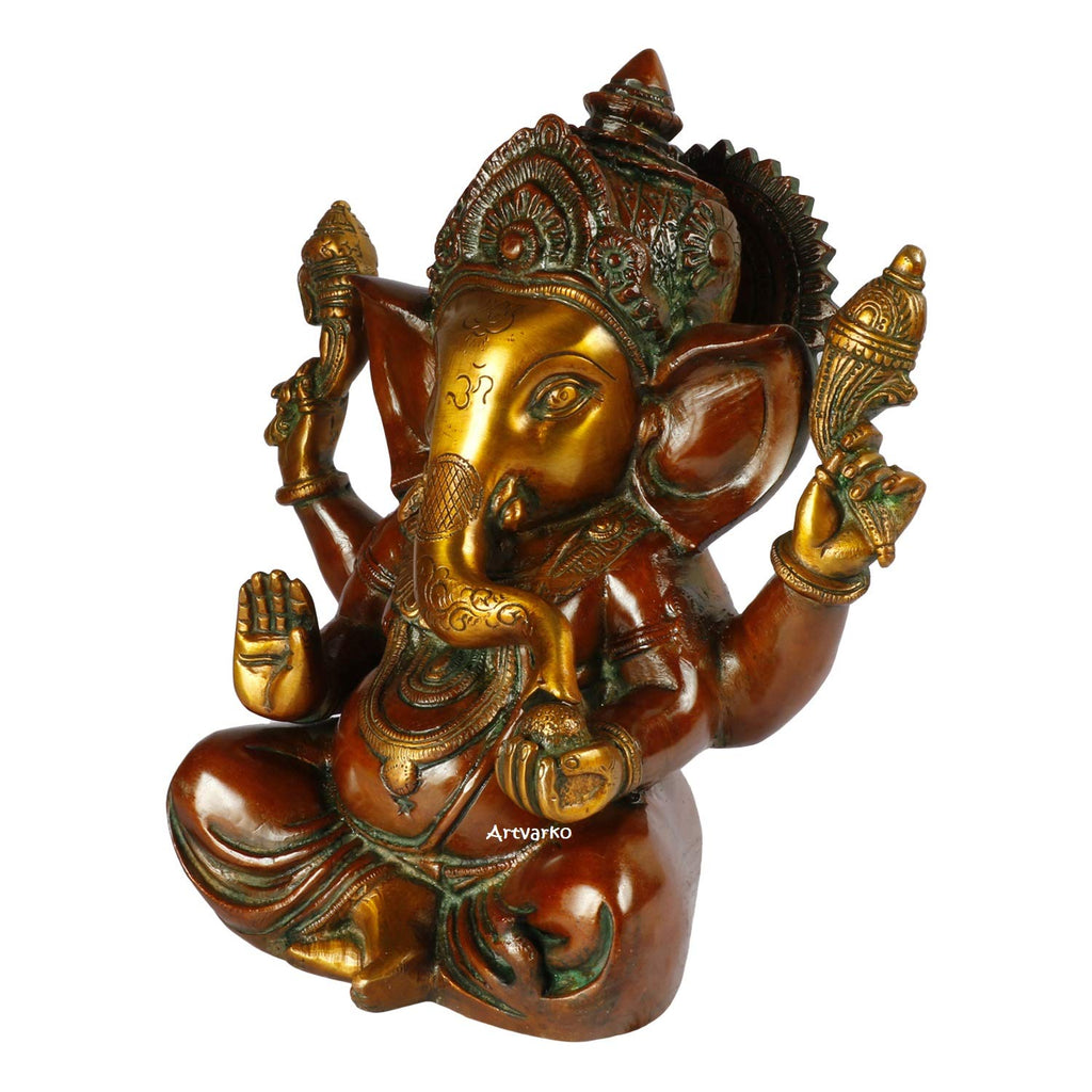 ARTVARKO Brass Taj Ganesha Bhagwan Idol Ganesha Statue Ganpati Murti for Home Entrance Decor Luck Gift Height 9 Inch