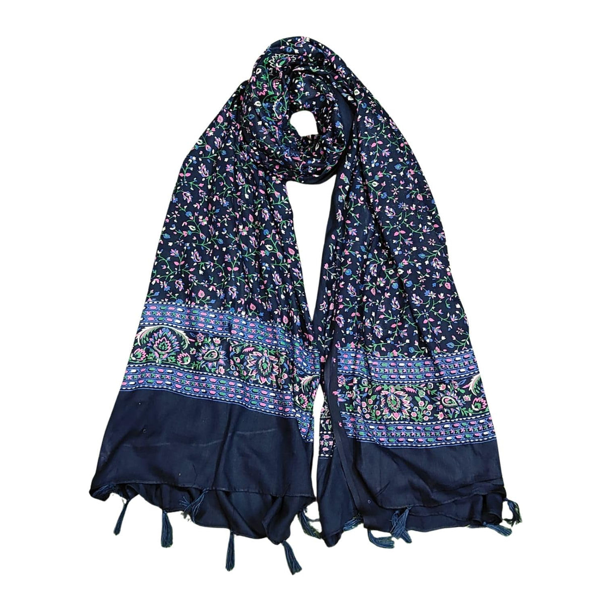 JAHAN TEXTILE Floral Printed Scarf for Women | Soft Lightweight Dupatta/Stole with Tassels | Elegant Ethnic & Casual Wear Wrap | Stylish Designer Shawl for All Seasons (Navyblue)