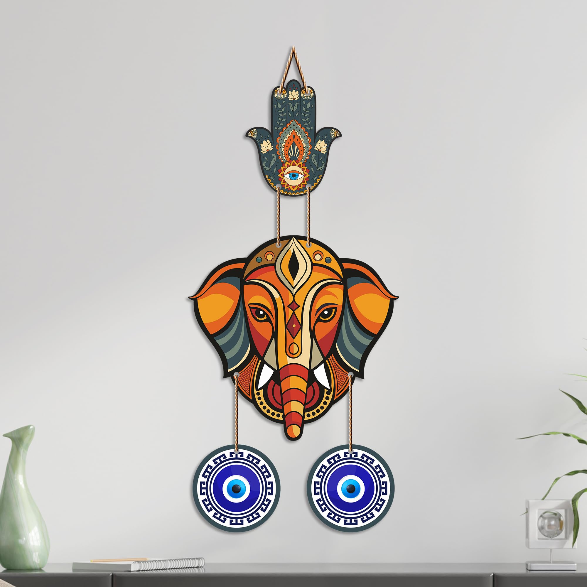 Artvibes Baby Ganesha Evil Eye Wall Hanging for Home Entrance | Nazar Battu MDF Decorative Wall Art | Spiritual Vastu Decor for Living Room | Bedroom | Office | Main Door | Unique Gift (WH_8553N)