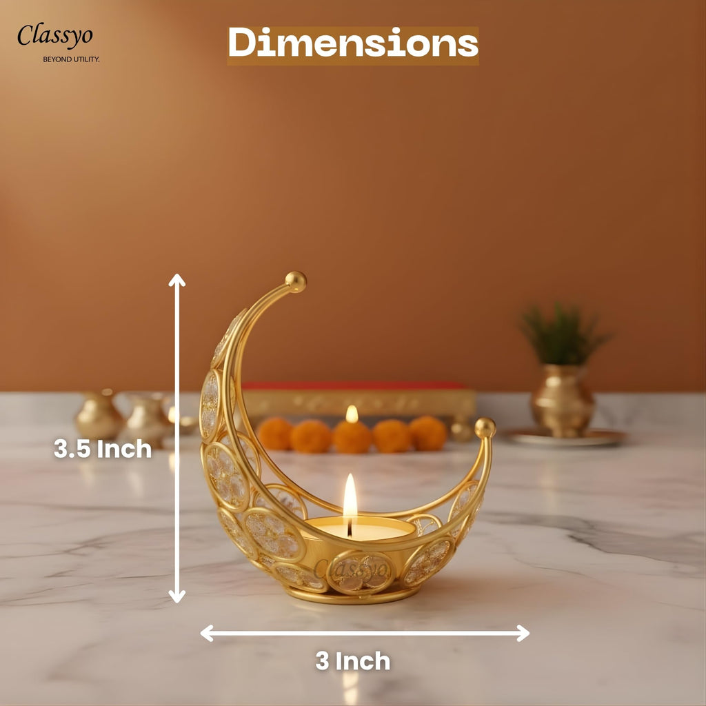 Classyo Moon Shaped Crystal Tea Light Candle Holders (Pack of 2) | Diwali Tealight Candle Holders | Metal Lantern | Tea Light Holders for Diwali, Pooja and Ramadan (Gold)