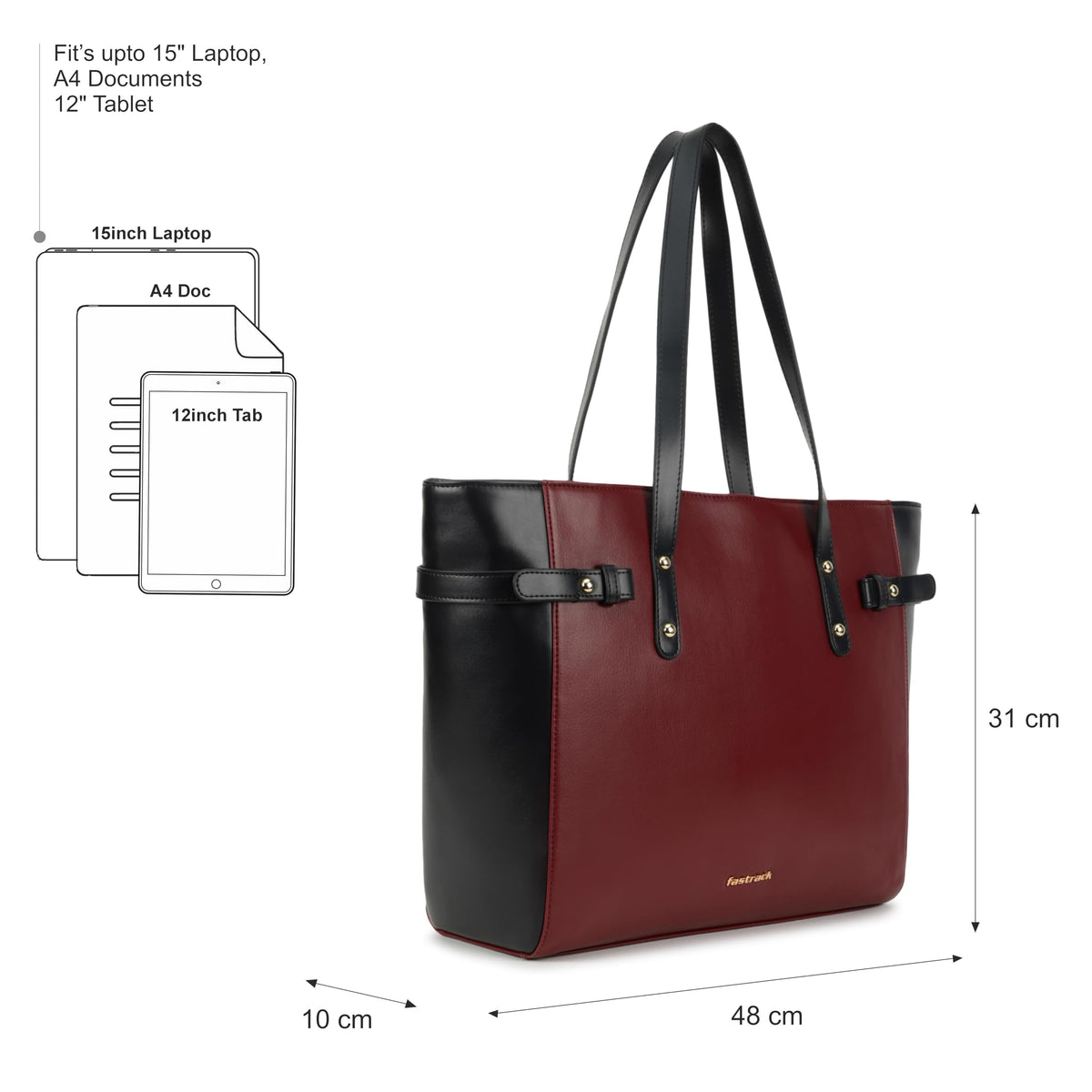 Fastrack Cherry Powermode Laptop Tote For Women | Cherry & Black Faux Leather Bag | Fits Upto 15 Laptop | Ladies Tote Bag with Zipper Closure & Utility Pockets