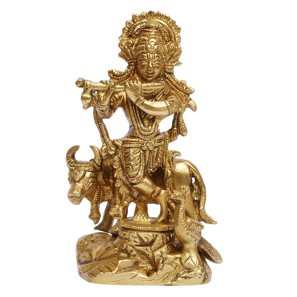 ARTVARKO Lord Krishna God Murti Brass Statue of Love Flute Playing with Cow and Peacock Home Décor Living Pooja Room Mandir Temple Height 4.5 Inch