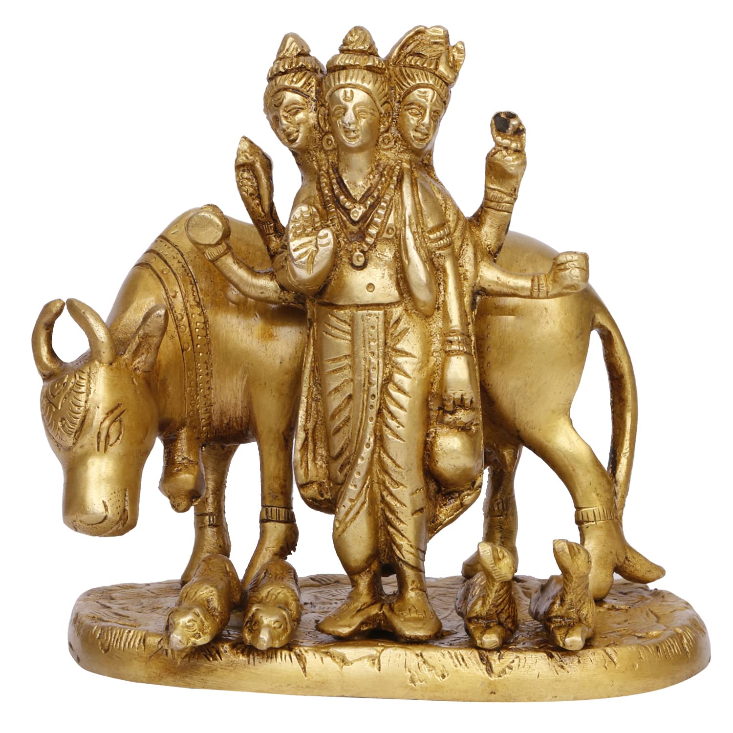 Artvarko Brass Brahma Vishnu Shiva Mahesh Trimurti Figurine Trinity Idol Dattatreya Tridev with Auspicious Cow Temple Puja Gift Décor 5.5 Inch