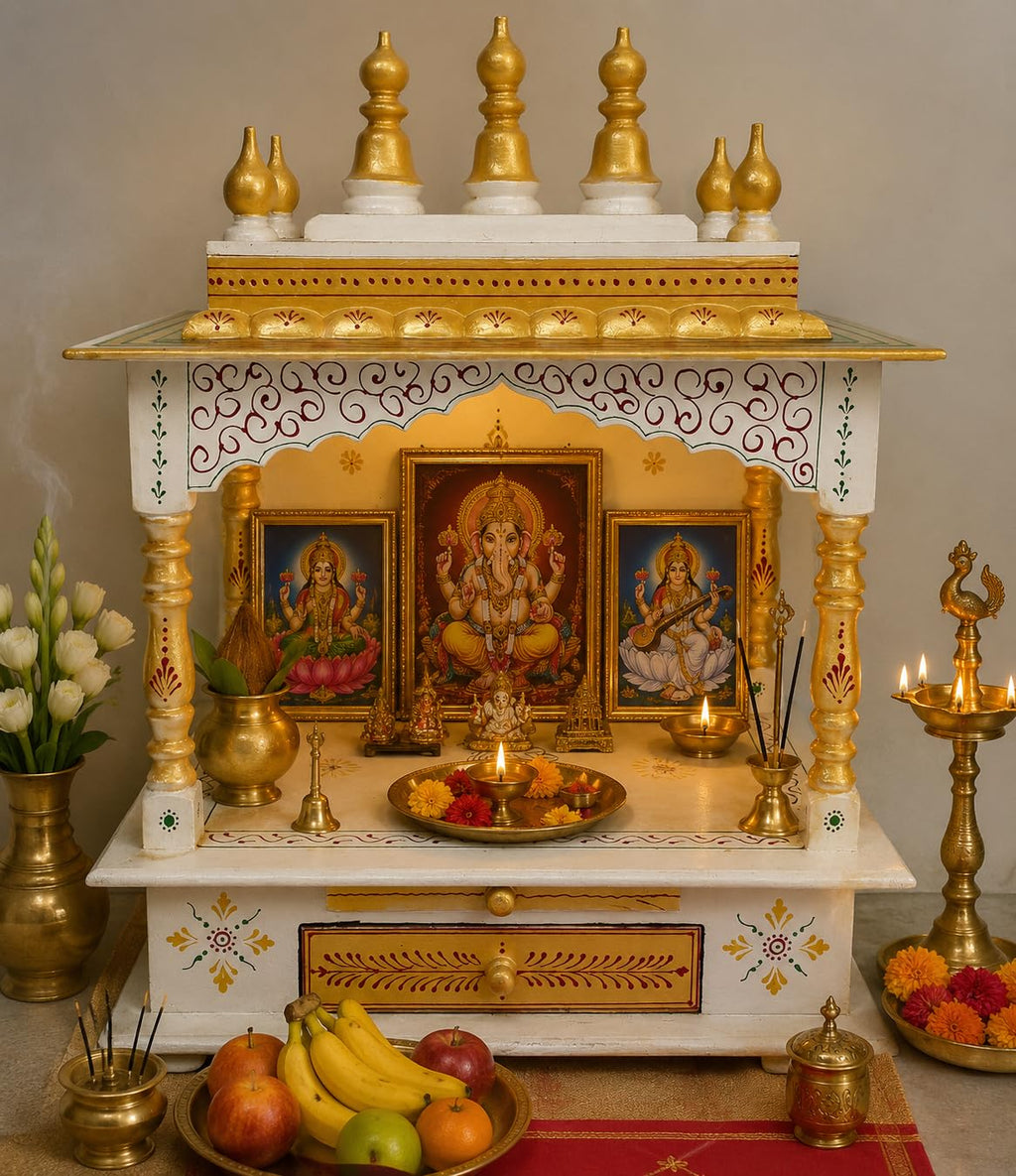 Kamdhenu Art and Craft Wood Home Temple (45 x 30 x 60 cm, Copper and Gold)