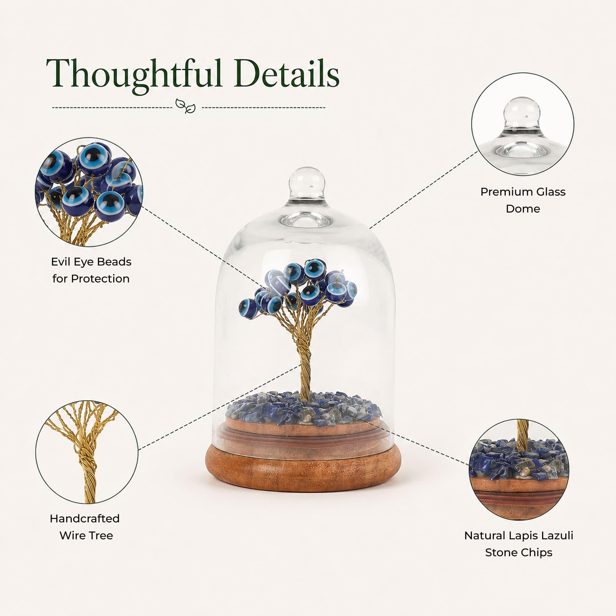 Habere India-All the Cultures Fabricating India Evil Eye Feng Shui Crystal Tree with Openable Glass Dome | Good Luck & Protection Tree | Decorative Showpiece for Home & Office (L8 x W8 x H12 cm)