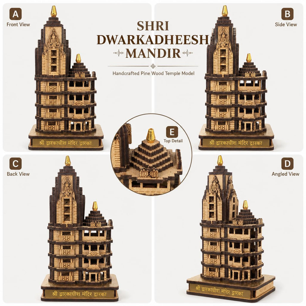 Wooden Dwarkadhish Temple Model 5 INCH | Handcrafted Dwarka Mandir Showpiece for Home Decor | Shri Dwarkadhish Mandir Replica | Spiritual Gift Item | Indian Temple Miniature