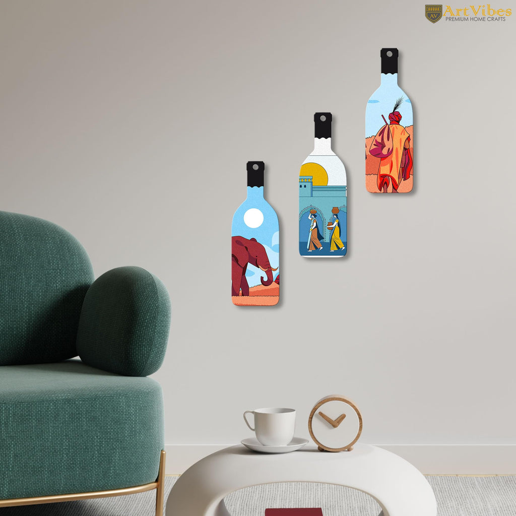 Artvibes Modern Abstract Art Decor Bottle shaped Wooden Wall Hanging | Living Room | Wall Art Paintings | Wall Illustrations | Graphic Art | Door Hanging Art Items | Gift Items (WH_9517N), Set of 3