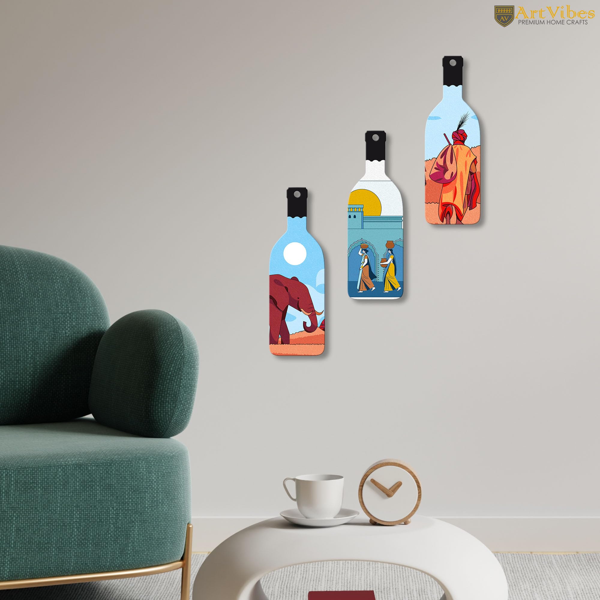 Artvibes Modern Abstract Art Decor Bottle shaped Wooden Wall Hanging | Living Room | Wall Art Paintings | Wall Illustrations | Graphic Art | Door Hanging Art Items | Gift Items (WH_9517N), Set of 3