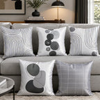 Vendola Decorative Satin Sofa Cushion Covers Set of 5, 16 inch x 16 inch, Sofa Cushion Pillow Cover, White and Grey, Zipper Closure (Monochrome, 16X16 Inches)