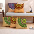 STITCHNEST Set of 5 Gajraj Folk Art Collection Printed Jute Cushion Covers 16x16 Inches | Decorative Throw Pillow Covers for Sofa, Living Room, Bedroom | Perfect for Home Decor