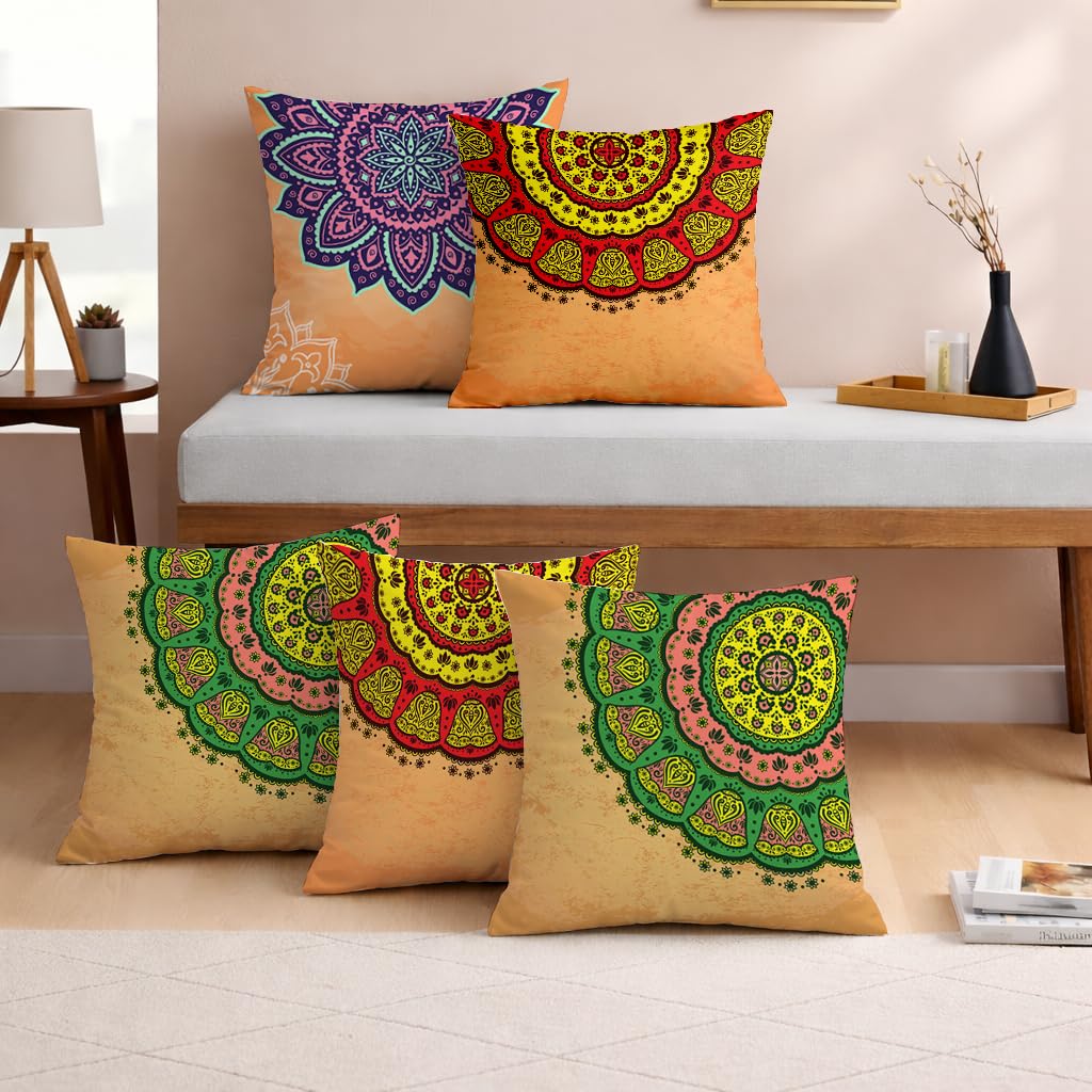 STITCHNEST Set of 5 Gajraj Folk Art Collection Printed Jute Cushion Covers 16x16 Inches | Decorative Throw Pillow Covers for Sofa, Living Room, Bedroom | Perfect for Home Decor