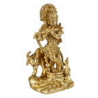 SVARUP Brass Krishna Bhagwan Idol with Gau MATA in Gold Color Height 4.75 Inch