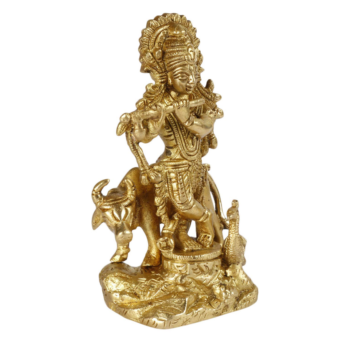 SVARUP Brass Krishna Bhagwan Idol with Gau MATA in Gold Color Height 4.75 Inch
