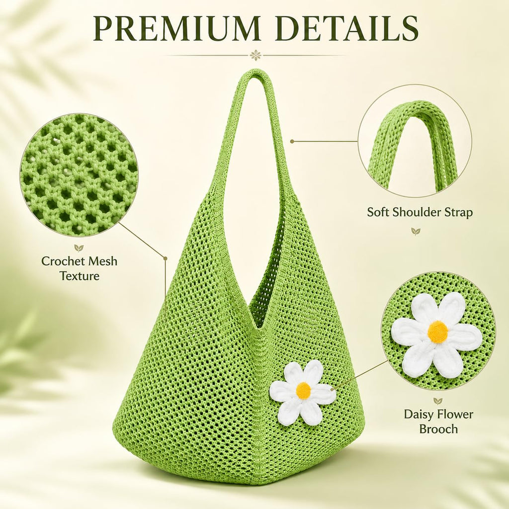 Kawn Crochet Mesh Beach Tote Bag for Women with Flower Brooch | Cotton Linen Knitted Shoulder Bag | Lightweight Boho Summer Handbag for Travel, Shopping & Vacation - (Green)