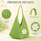 Kawn Crochet Mesh Beach Tote Bag for Women with Flower Brooch | Cotton Linen Knitted Shoulder Bag | Lightweight Boho Summer Handbag for Travel, Shopping & Vacation - (Green)