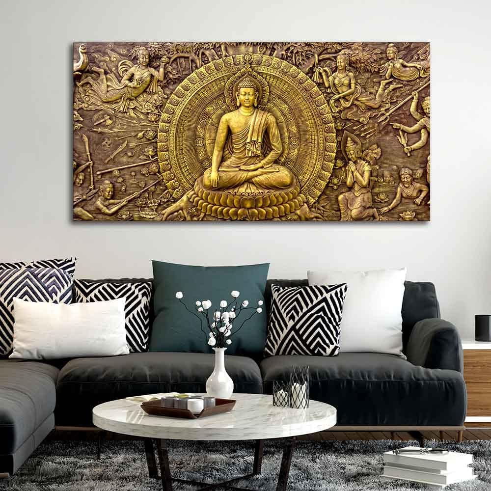 VIBECRAFTS Canvas Paintings for Living Room Drawing Room Canvas Wall Painting of Gautam Buddha for Homedecore|Office|Gift|Livingroom|Bedroom(PTVCH_2398NN)(48 x 24 Inches)