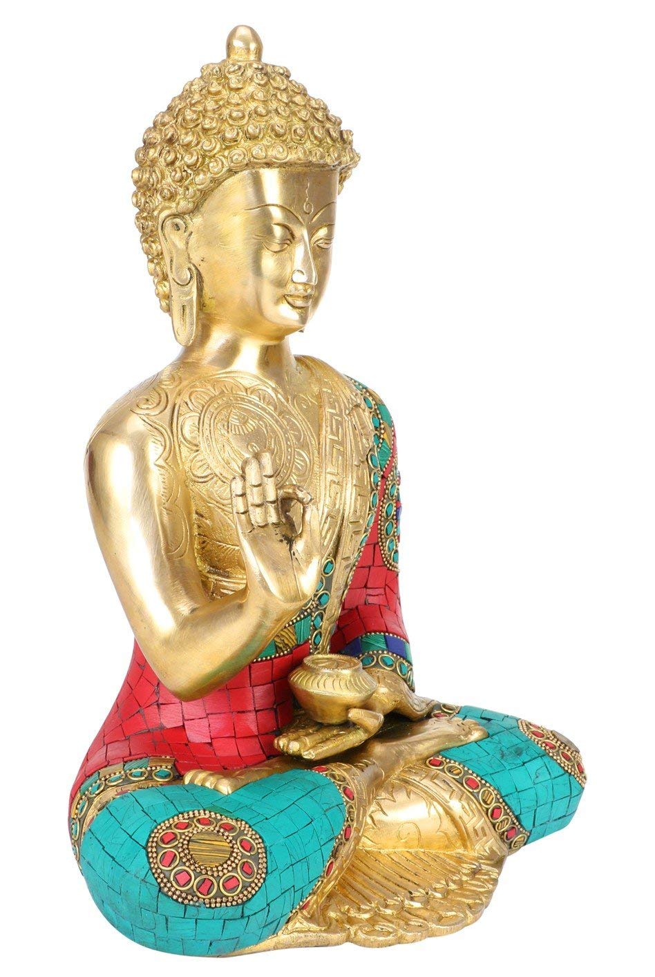 SVARUP Brass Buddha Vitarka Mudra Idol Statue Tibetan Buddhist Décor Showpiece Height 12 Inch Multicolor