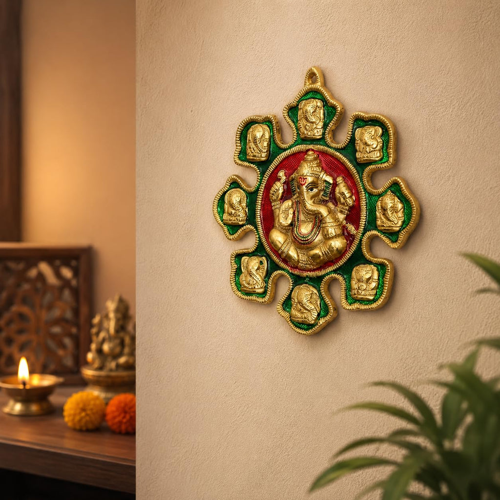 Lord Ganesha Ashtavinayak Wall Hanging Metal - 28cm x 27cm Antique Gold Finish Idol for Home Decor, Living Room & Entrance | Religious Figurine Gift Item (450g)