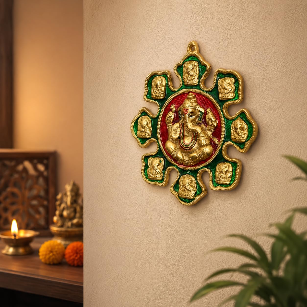 Lord Ganesha Ashtavinayak Wall Hanging Metal - 28cm x 27cm Antique Gold Finish Idol for Home Decor, Living Room & Entrance | Religious Figurine Gift Item (450g)