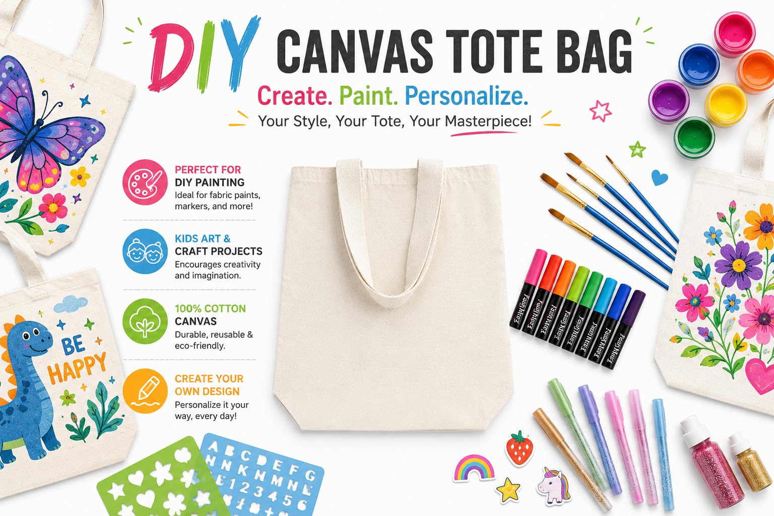 Pixel bag Cotton Tote Bag, Natural White, 14x16 Inch with 3 Inch Gusset, for Kids DIY Painting, Art and Craft, School Projects, Birthday Return Gifts (Pack of 10)