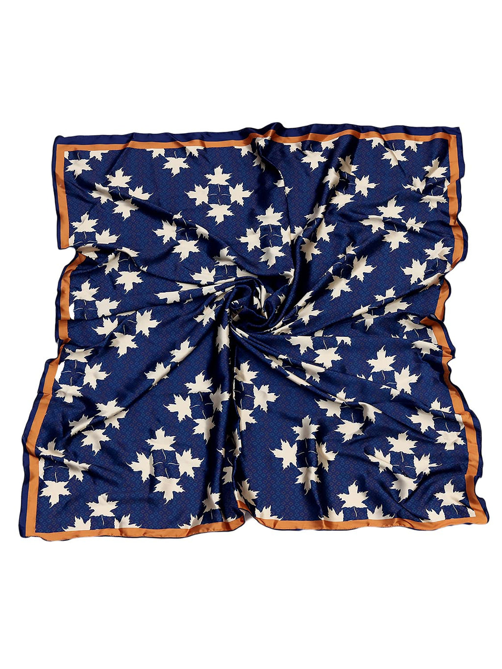 leeza store Women's Silk Scarf For Women, Midnight Navy Blue Digital Printed Maple Leaf Motif, 40X40, Elegant Lightweight Stole
