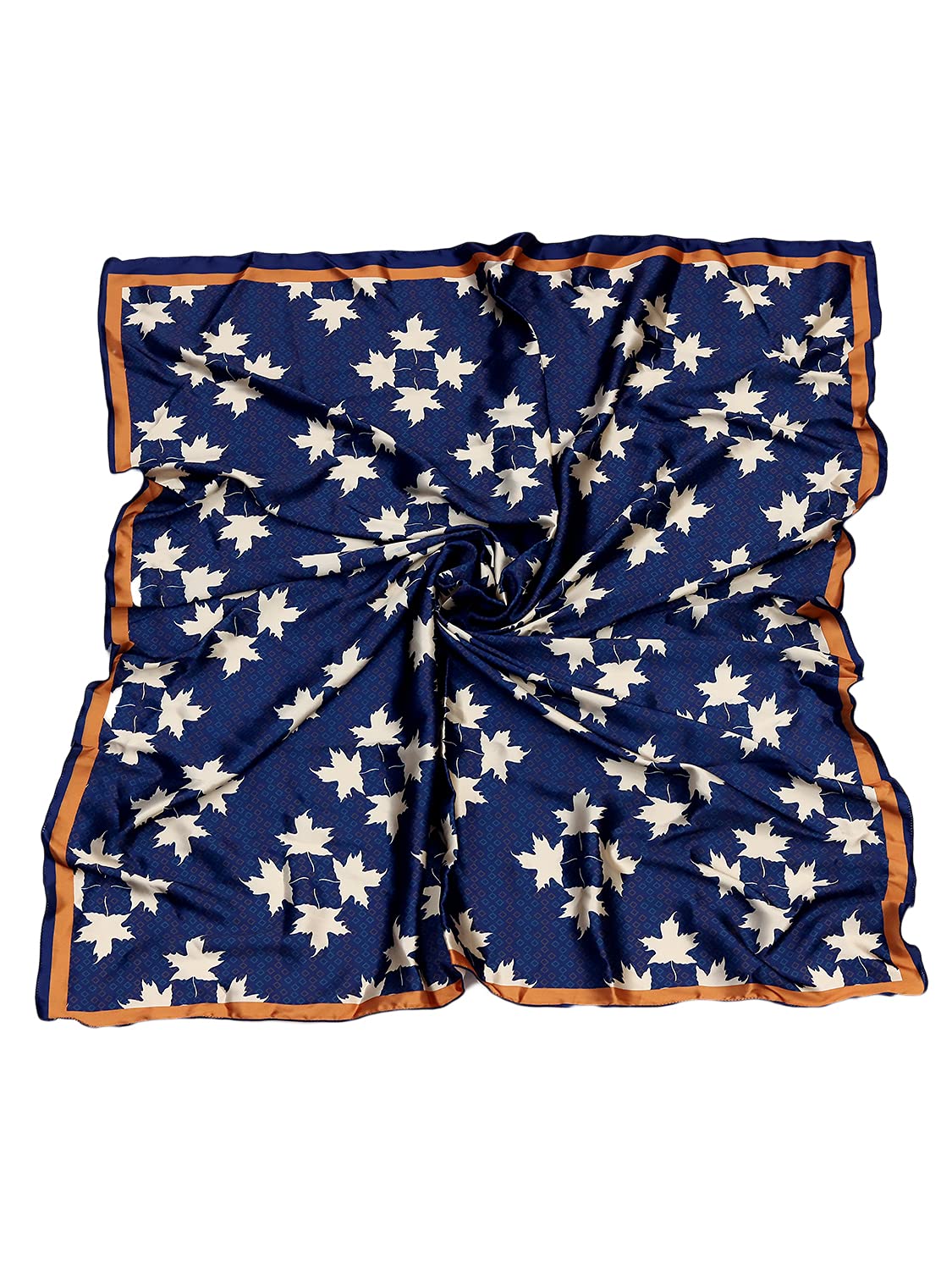 leeza store Women's Silk Scarf For Women, Midnight Navy Blue Digital Printed Maple Leaf Motif, 40X40, Elegant Lightweight Stole