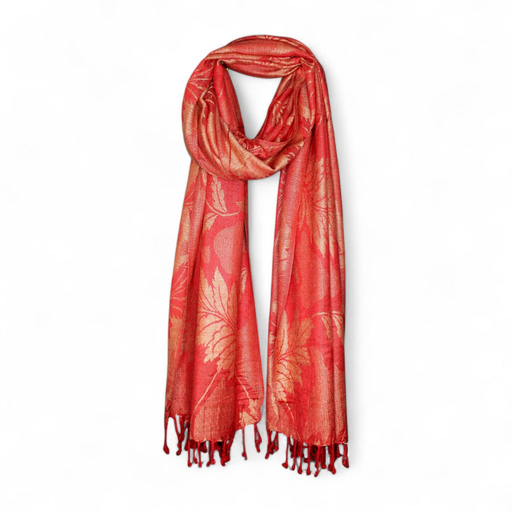 STOLE STUDIO Embellished Leaf Luxurious Viscose Stole Scarf (Red/Beige)
