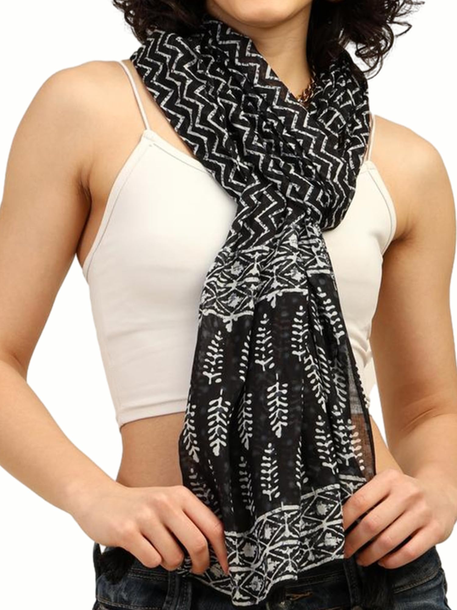 KE KANHA EXPORTS Scarf for Women Premium Cotton Boho | Dual Tone Border Print Stole with Tassels | Lightweight Summer Beach Wrap 180 x 50 cm (Ebony Zigzag)