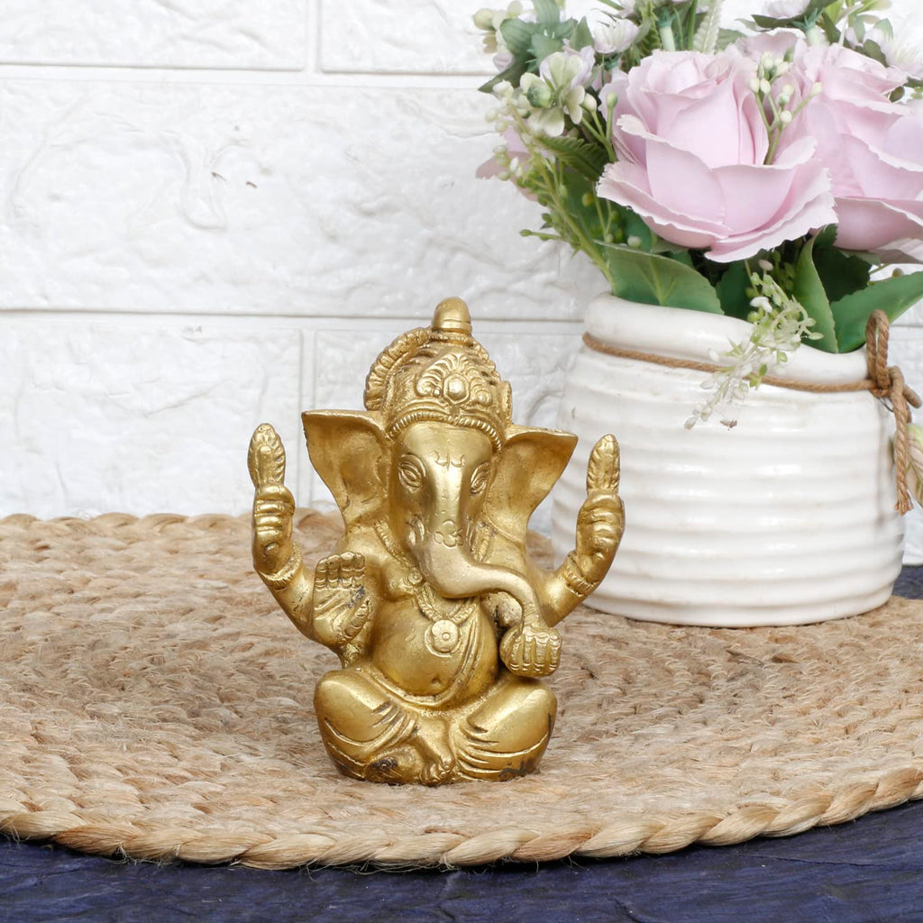Svarup Brass Ganesh Bhagwan Idol Taj Ganesha Statue Ganpati Murti for Home Entrance Decor Diwali Gift 4.5 Inch