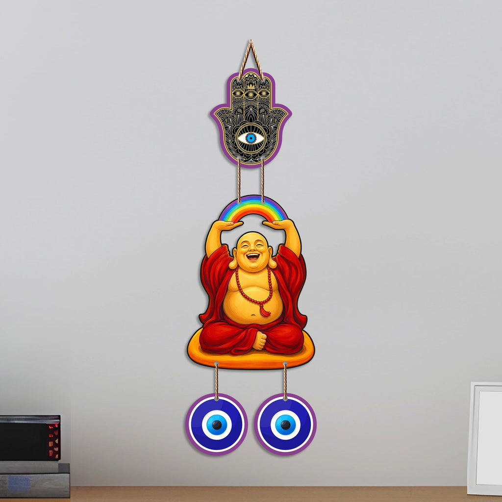 Artvibes Rainbow Laughing Buddha Evil Eye Wall Hanging Decor For Living Room | Bedroom | Office | Joy Happiness and Positive Energy Wall Accent | Nazar Battu Ornament for Home Entrance (WH_85145N)
