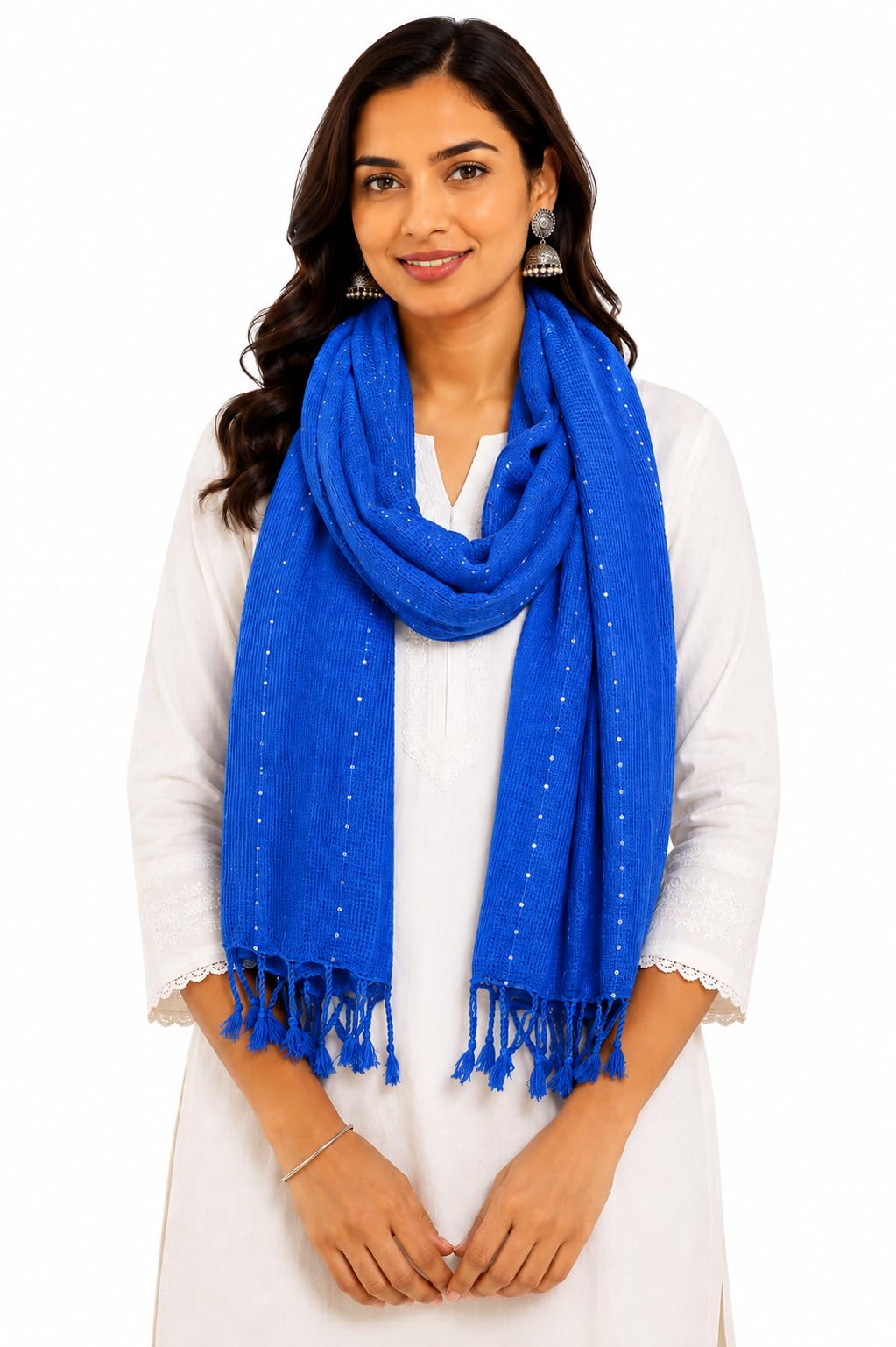 URBAN LADIIIZ Solid Sequin Stole with Tassels for Women & Men – Soft Lightweight Rayon Fabric | Available in 10+ Colours (ROYAL BLUE)