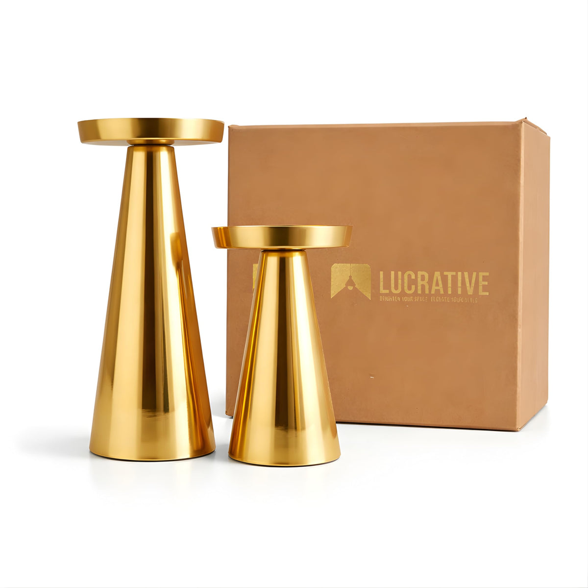 LUCRATIVE® Gold Metal Candle Holders – Handcrafted Modern Pillar Stands, Decorative Table Centerpiece for Dining Table, Living Room, Bedroom & Wedding Home Decor, Set of 2 (Candles Not Included)