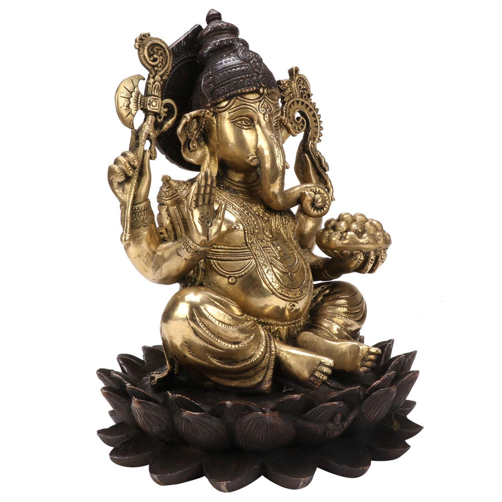 SVARUP Brass Mangalkari Ganesha Sitting On Lotus Bhagwan Idol Ganesh Statue Ganpati Murti for Home Entrance Decor Diwali Gift Height 12 Inch