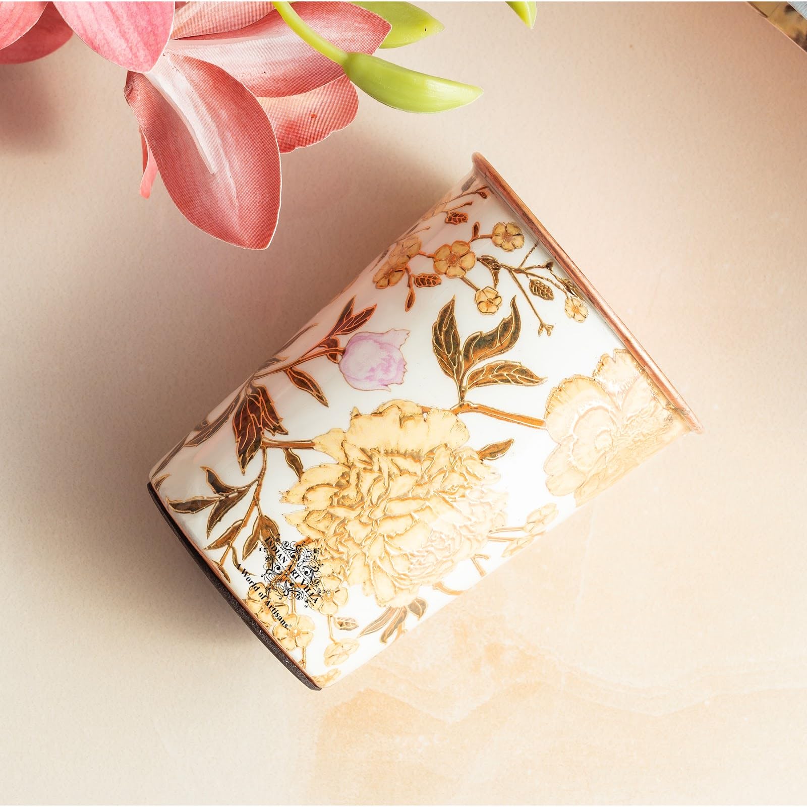 INDIAN ART VILLA Copper Gold Flower Print Glass – 275 ML, Handcrafted Ayurvedic Copper Drinkware for Daily Use, Elegant Water Glass for Home, Office, and Special Gifting, Set of 2