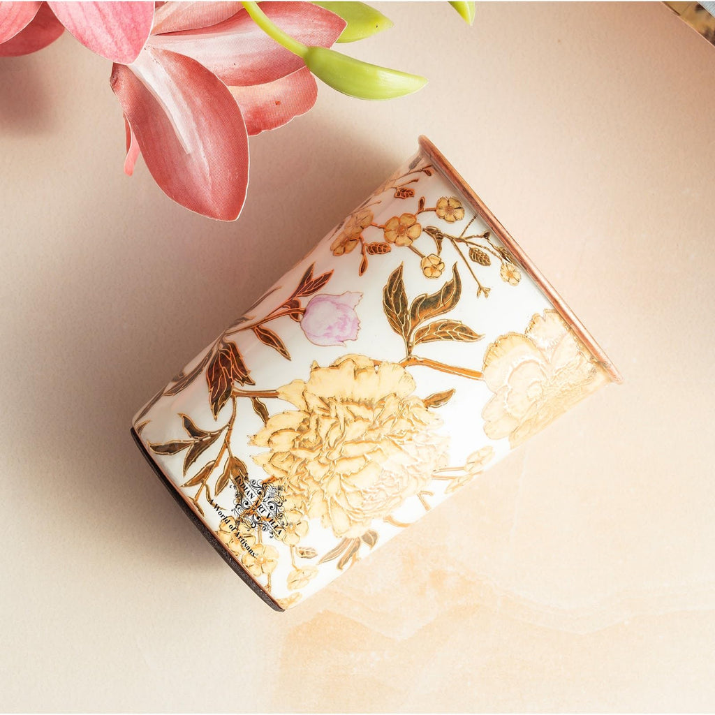 INDIAN ART VILLA Copper Gold Flower Print Glass – 275 ML, Handcrafted Ayurvedic Copper Drinkware for Daily Use, Elegant Water Glass for Home, Office, and Special Gifting, Set of 1