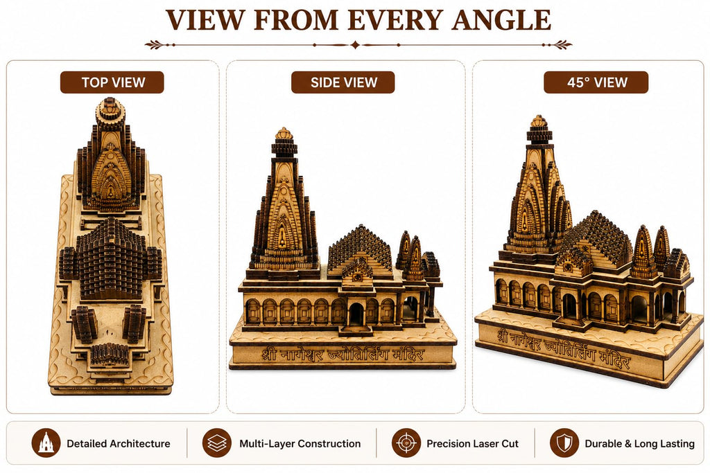Shri Nageshwar Jyotirlinga Mandir | Handcrafted Wooden Temple Showpiece for Home Decor & Gifting | 6 Inch Miniature Mandir Model of Lord Shiva