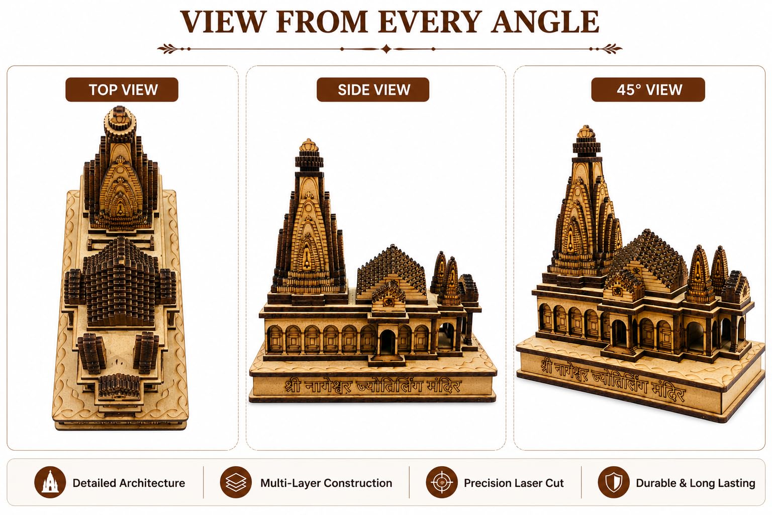 Shri Nageshwar Jyotirlinga Mandir | Handcrafted Wooden Temple Showpiece for Home Decor & Gifting | 6 Inch Miniature Mandir Model of Lord Shiva