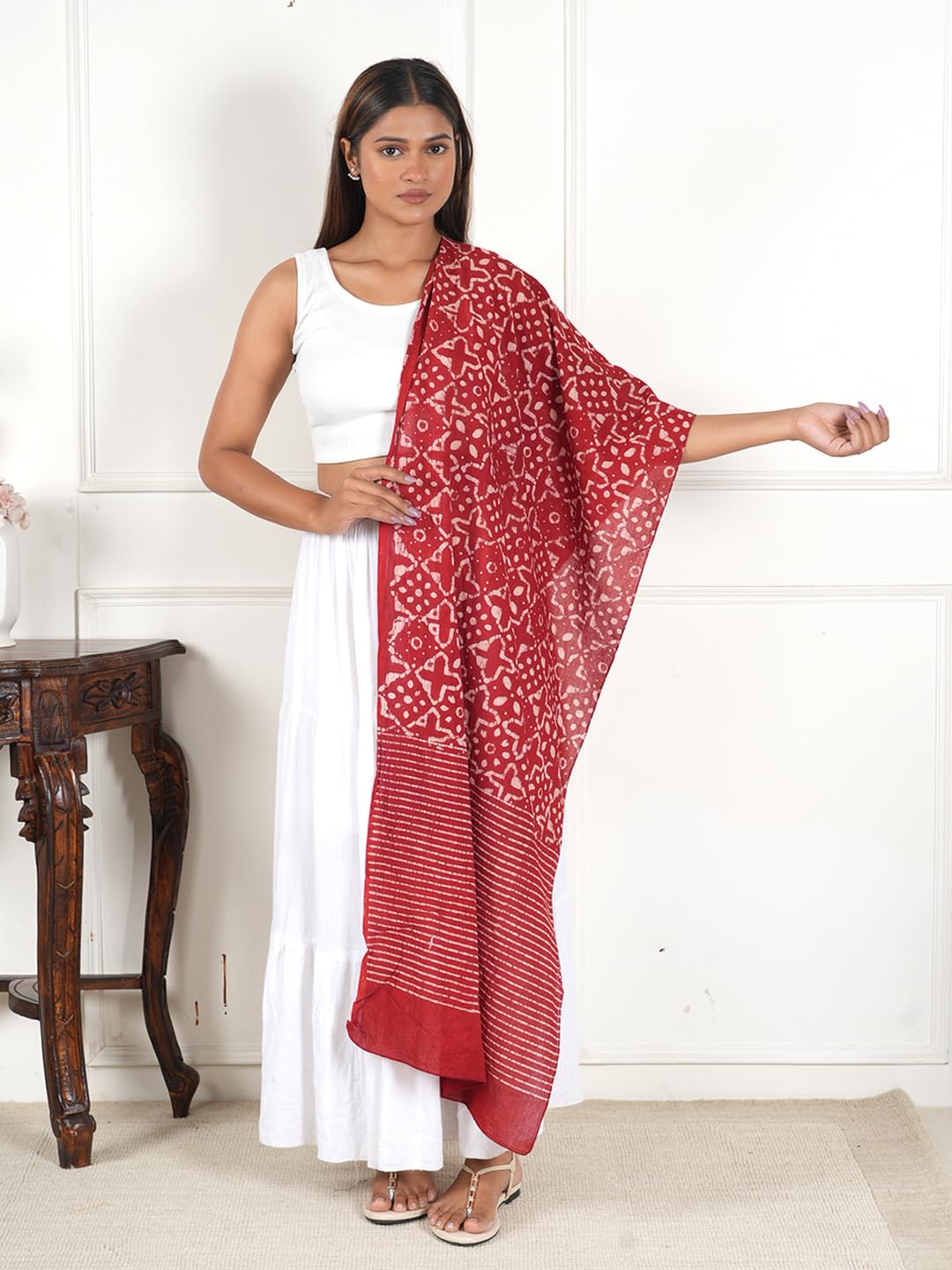 Gutthi Women's Cotton Stoles | Scarf Lightweight & Comfortable for All Seasons, Size (100X180 CM) (Red)