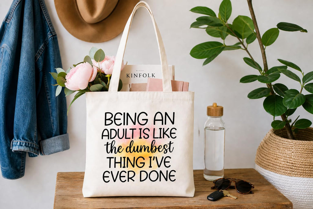THE FESTA BOX “Being Adult Tote Bag for Girls | Quirky Cotton Handbag | Birthday Gift, College & Daily Use” With Zipper - Durable, Stylish & Everyday Friendly