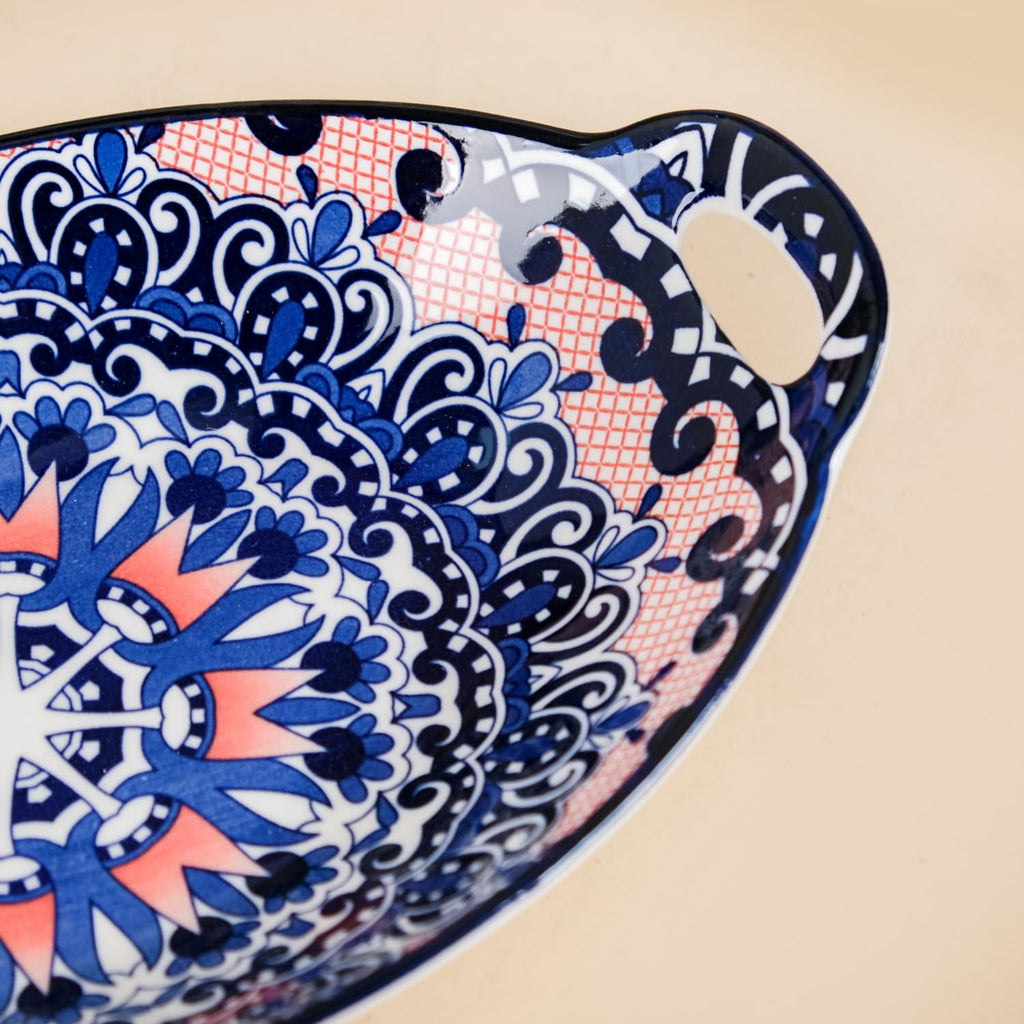 Nestasia Set of 2 Blue Mandala Design Ceramic Serving Platter with Handles for Snacks, Appetizers, Salads, and Noodles | Microwave Safe, Dishwasher Safe (10.8 Inch)