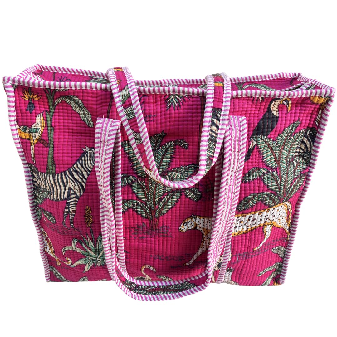Bazaar Bhoot Edition Premium Cotton Quilted Shopping Tote Bag - Multipurpose Long Lasting Foldable Reusable Bag with zipper for Shopping, Travel & Daily Use - Made in India (Animal Print Black)