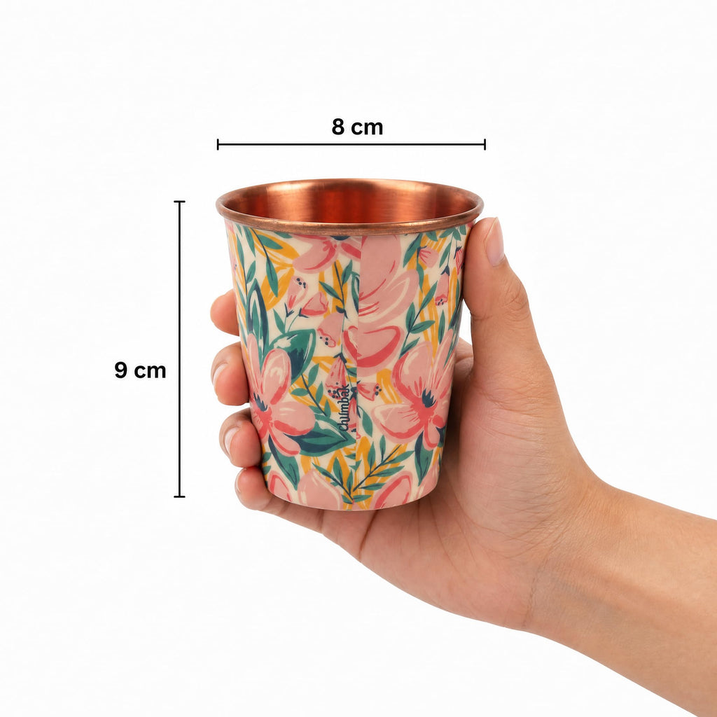 Chumbak Tropical Lilies Copper Tumbler – Small, 275ml Capacity, Hand-Painted Floral Design, Pure Copper Drinkware, Corrosion-Resistant, Ideal for Water Storage & Home Décor Gift