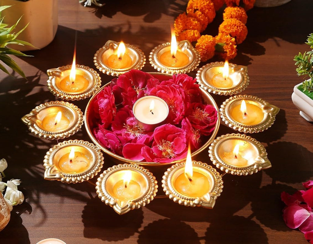 R Ayurveda Copper Diya Shape Flower Decorative Urli Handcrafted Bowl for Floating Flowers and Tea Light Candles Home,Office and Table Decor| Diwali Decoration Items for Home with Gift Box (10 Inches)