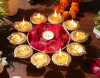 R Ayurveda Copper Diya Shape Flower Decorative Urli Handcrafted Bowl for Floating Flowers and Tea Light Candles Home,Office and Table Decor| Diwali Decoration Items for Home with Gift Box (10 Inches)