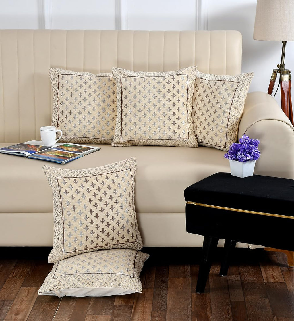 DECOMIZER Jacquard Geomteric Cushion Covers 16 Inch X 16 Inch Set Of 5 Ethnic Motifs Cushion Covers,Design- Star,Color- Cream, 240 TC