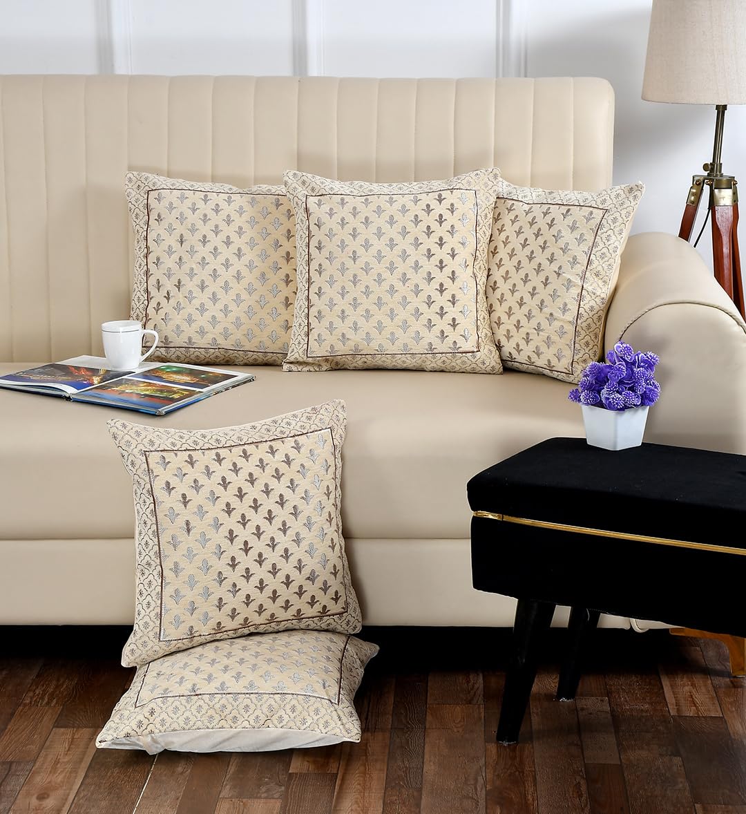 DECOMIZER Jacquard Geomteric Cushion Covers 16 Inch X 16 Inch Set Of 5 Ethnic Motifs Cushion Covers,Design- Star,Color- Cream, 240 TC