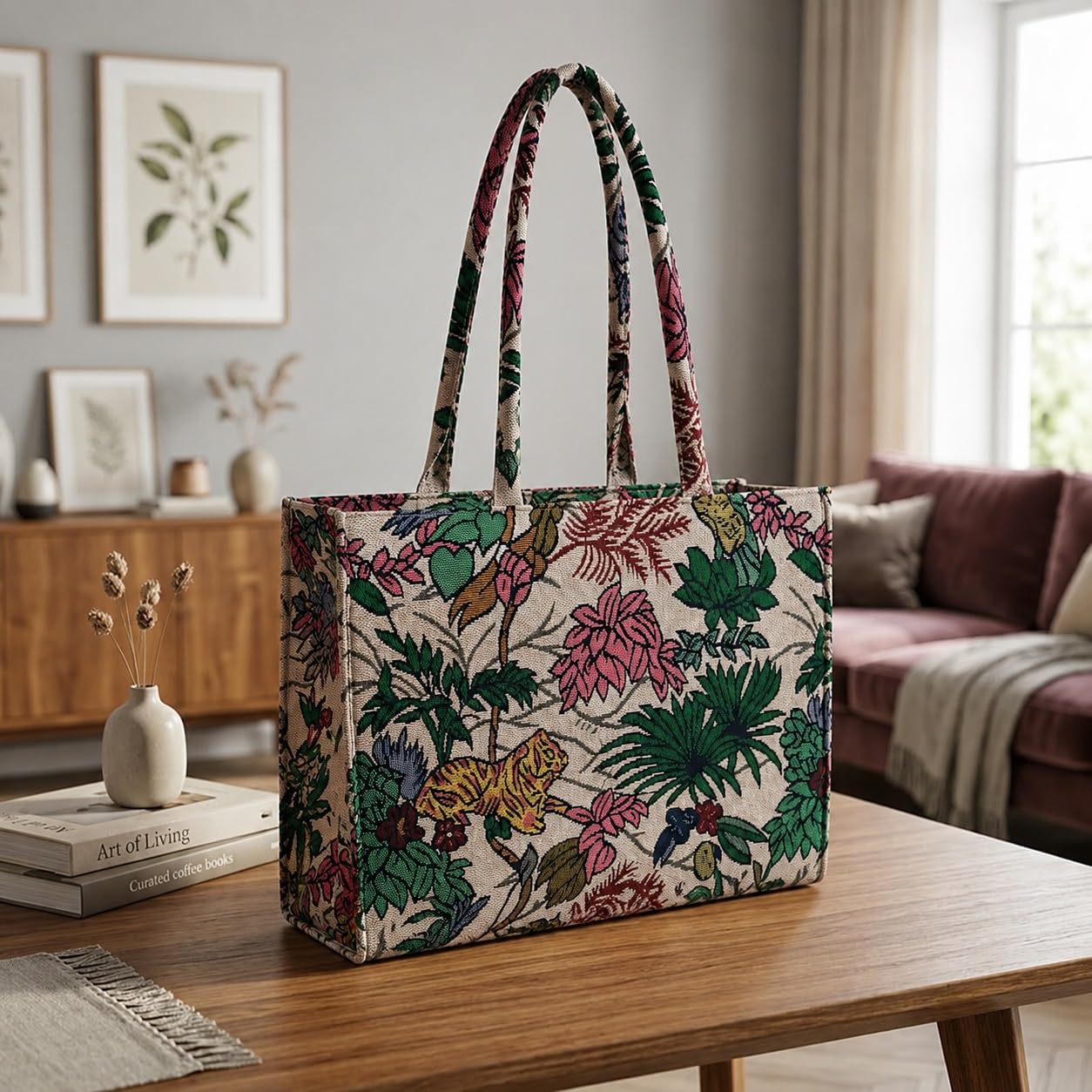 Women's Floral Canvas Tote Bag with Jungle Tiger Print for Everyday Use