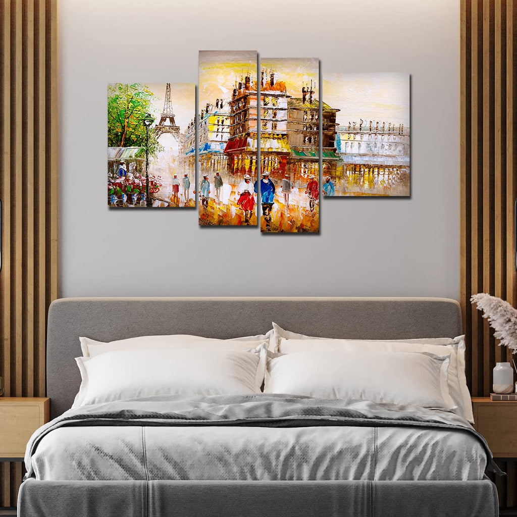 VIBECRAFTS Beautiful Street View Of Paris 4 Pieces Canvas Wall Painting Fitted With Wooden Frame For Home | Office | Living Room | Gifts (PTVC4Pcs2_14501)