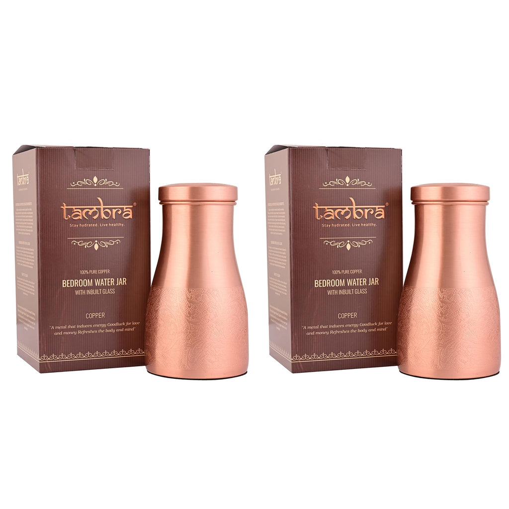 Tambra Copper Bedroom Jar with Inbuilt Glass | Carving Design | Handcrafted, Leakproof, Jointless | Ayurvedic Benefits, Antioxidant Properties | 1200 ml (Pack of 2)