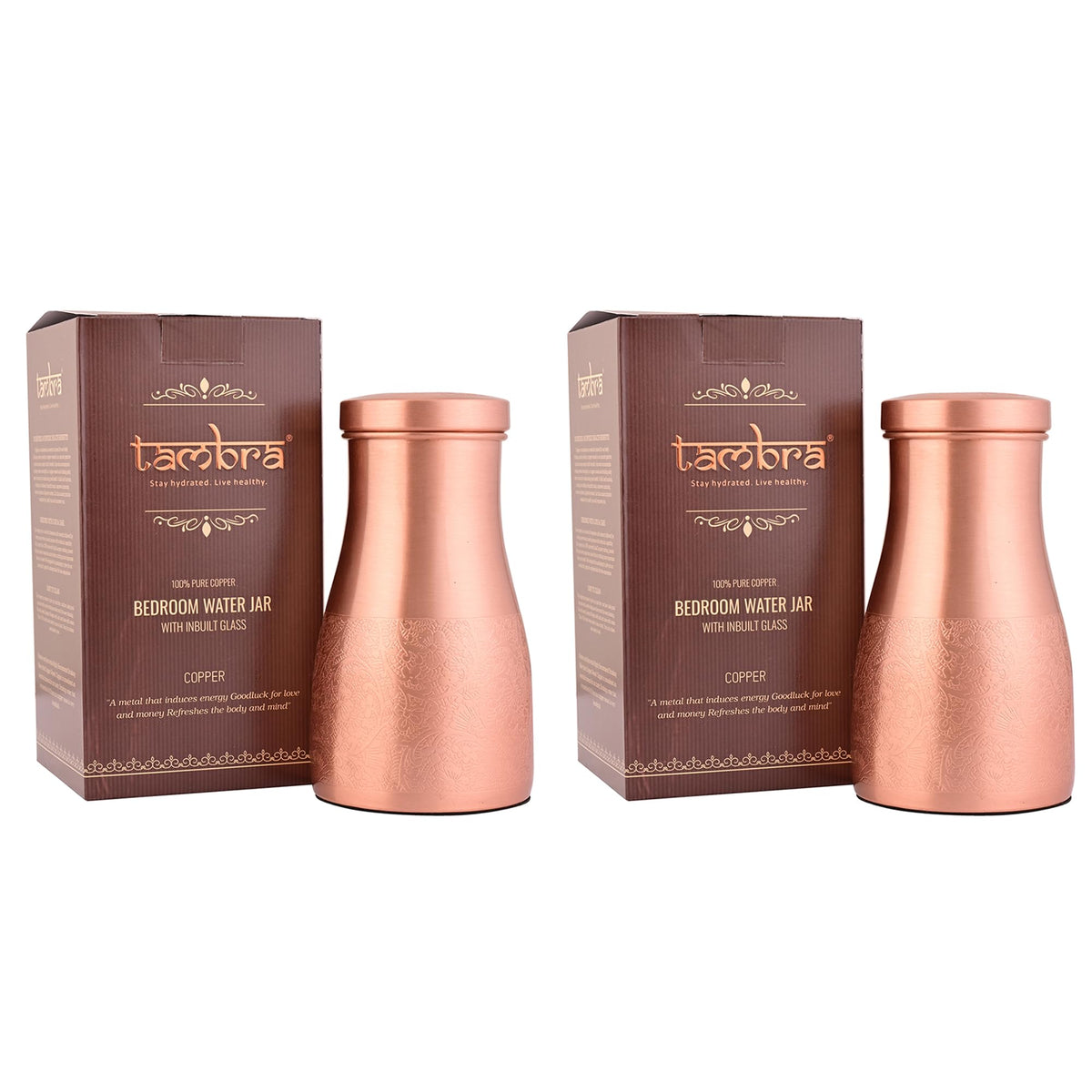 Tambra Copper Bedroom Jar with Inbuilt Glass | Carving Design | Handcrafted, Leakproof, Jointless | Ayurvedic Benefits, Antioxidant Properties | 1200 ml (Pack of 2)